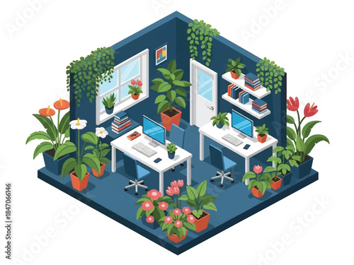 Isometric vector 3D view of a creative workspace surrounded by plants and flowers, calm and inspiring environment for productivity and design work