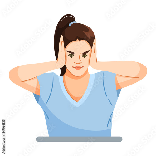 Woman with long hair covering ears with hands in flat cartoon style on white background. Concept of noise pollution. Vector illustration