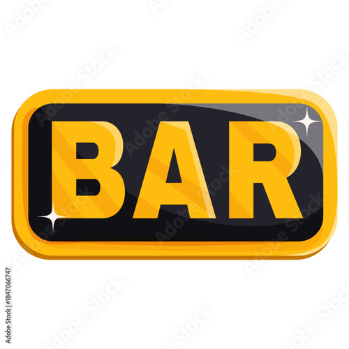 Glossy yellow BAR sign with bold capital letters on a dark background, shiny cartoon style, symbolizing casino or slot machine concept. Vector illustration