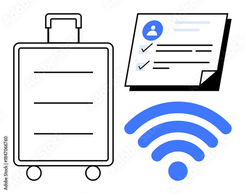 Suitcase, checklist boarding pass, blue wireless symbol. Ideal for travel, business trips, connectivity, mobility, organization itineraries remote work. Minimalist design and simple flat metaphor
