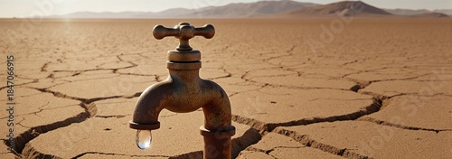 Faucet pouring rare water onto arid desert ground