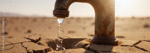 Faucet pouring rare water onto arid desert ground