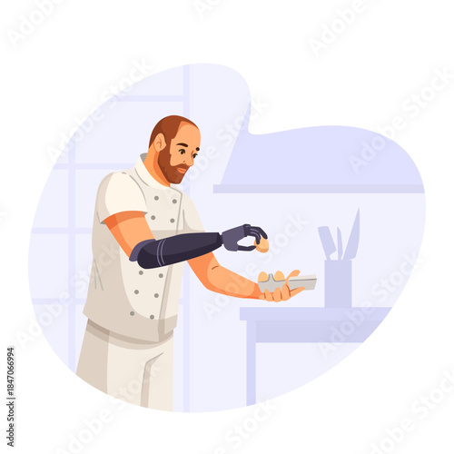 A chef with a prosthetic arm holding eggs in a kitchen, flat art style on white and purple background. Concept of inclusivity in profession. Vector illustration