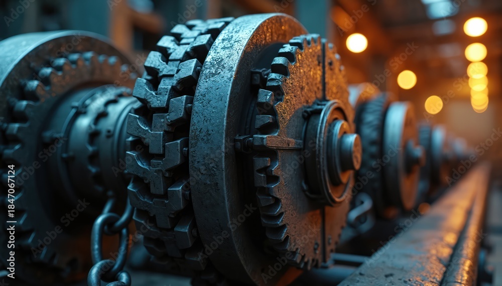 Obraz premium Heavy industrial machinery gears and chains in a factory setting. Metallic parts rotate, indicating production and power. Close-up view of complex mechanics, engineering, and automation.