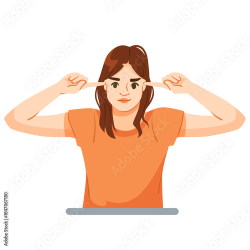 Young woman plugging ears with fingers, flat cartoon style, isolated on white background. Concept of noise pollution discomfort. Vector illustration