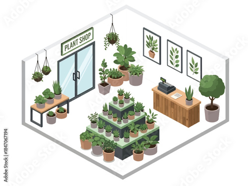 Isometric vector 3D view of an eco-friendly plant shop with recycled pots and lush displays, sustainable retail and green business concept
