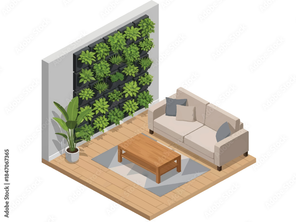 Fototapeta premium Isometric vector 3D view of a modern indoor vertical garden wall with diverse plants, sustainable interior and green architecture concept
