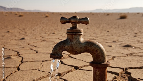 Faucet pouring rare water onto arid desert ground