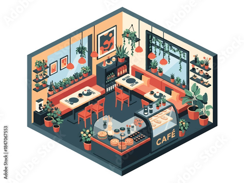 Isometric vector 3D view of a café interior decorated with plants and flowers, cozy nature-inspired ambiance and modern lifestyle scene