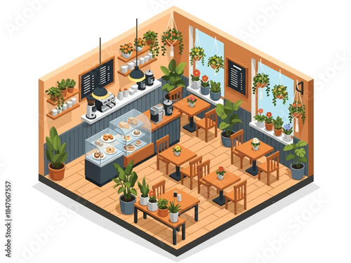 Isometric vector 3D view of a café interior decorated with plants and flowers, cozy nature-inspired ambiance and modern lifestyle scene