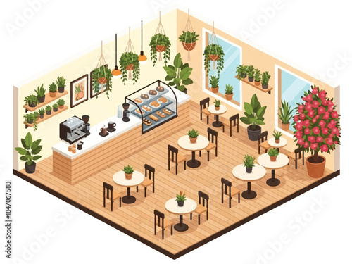 Isometric vector 3D view of a café interior decorated with plants and flowers, cozy nature-inspired ambiance and modern lifestyle scene