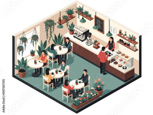 Isometric vector 3D view of a café interior decorated with plants and flowers, cozy nature-inspired ambiance and modern lifestyle scene