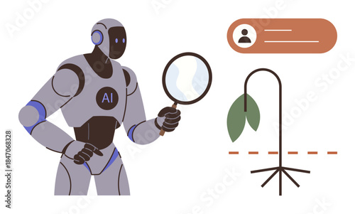 AI robot examining a plant using a magnifying glass and analyzing user profile data. Ideal for technology, research, innovation, artificial intelligence, environmental studies, data analysis