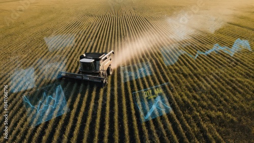 Foto Modern combine harvester working in a vast agricultural field with digital data overlays