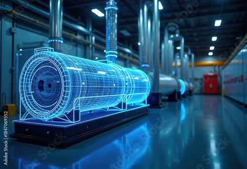 A modern boiler room in blue tones with diagonal equipment alignment featuring perimeter holographic process visualization for energy technology promotion and corporate training