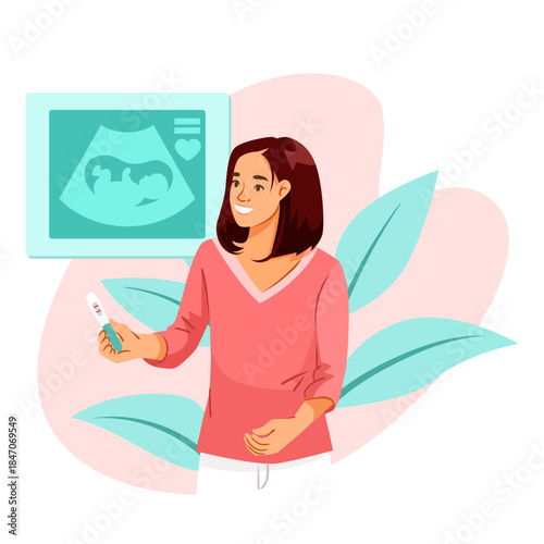 Smiling woman holding a positive pregnancy test with ultrasound screen behind her, flat graphic style on abstract pastel background. Concept of motherhood. Vector illustration