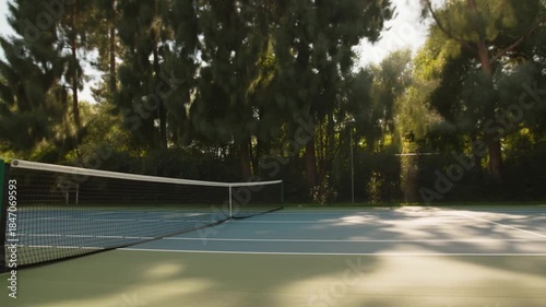 Empty tennis court under the sun, ready for a match with a natural, peaceful atmosphere Stock Video