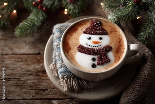 A cup of cappuccino or latte with edible foam in the shape of a snowman, a saucer, and a cloth napkin, with Christmas decorations on a wooden table. Christmas backdrop for a cafe.