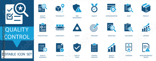 Quality Control icon set for business, product inspection, standardization, risk management, and assurance metrics.