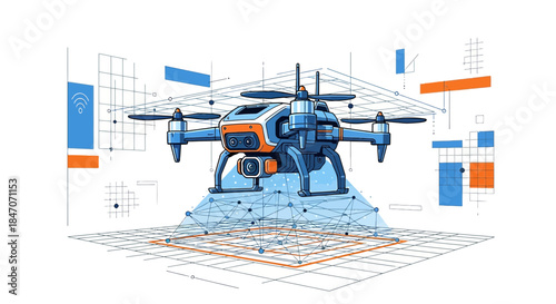 Advanced drone technology showcased with geometric data overlay illustration design
