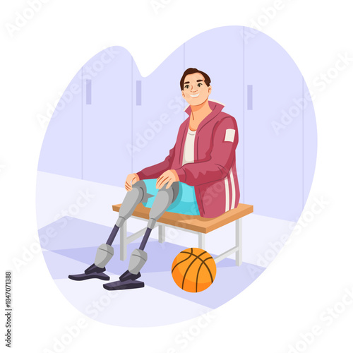 Smiling amputee basketball player with prosthetic legs sits on a bench in a locker room with a ball on the floor. Vector illustration