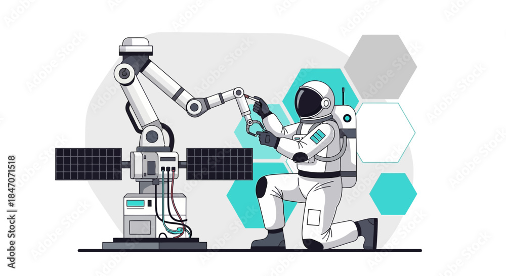 Naklejka premium Astronaut configuring satellite with assistance of robotic arm in space exploration mission