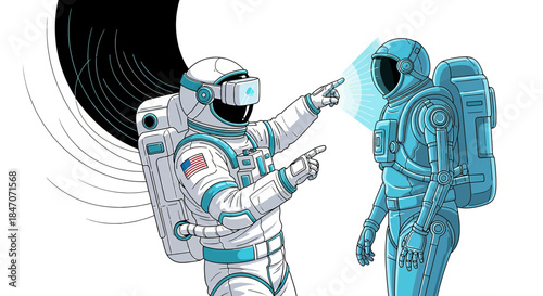 Astronaut in virtual reality training interacting with another astronaut inside space station