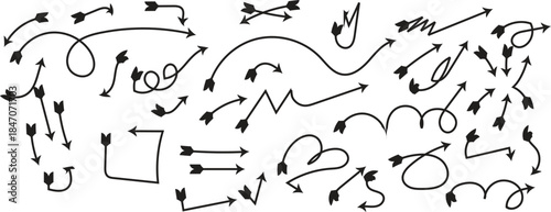 A collection of hand-drawn black arrows in various styles and directions on a white background