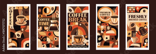 Coffee Themed Geometric Banners Collection. Abstract background with simple shapes for coffee shops, product packaging, cafe walls, and menus.