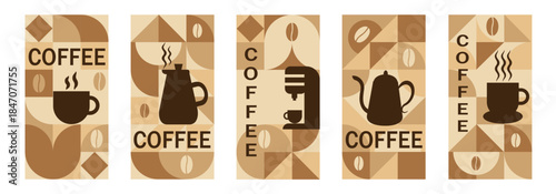 Coffee Themed Geometric Banners Collection. Abstract background with simple shapes for coffee shops, product packaging, cafe walls, and menus.