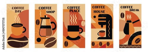 Coffee Themed Geometric Banners Collection. Abstract background with simple shapes for coffee shops, product packaging, cafe walls, and menus.