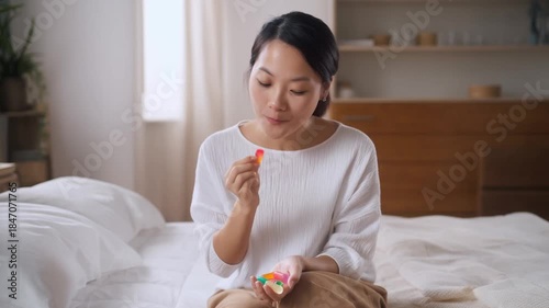 A woman is eating a colorful gummy candy while sitting on the bed  Stock Video