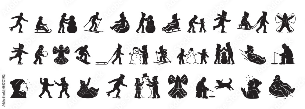 Naklejka premium SET - Black silhouettes of winter activities featuring children and snowmen on white background. concept of seasonal play, cold weather fun, kids playing, winter sports, design element