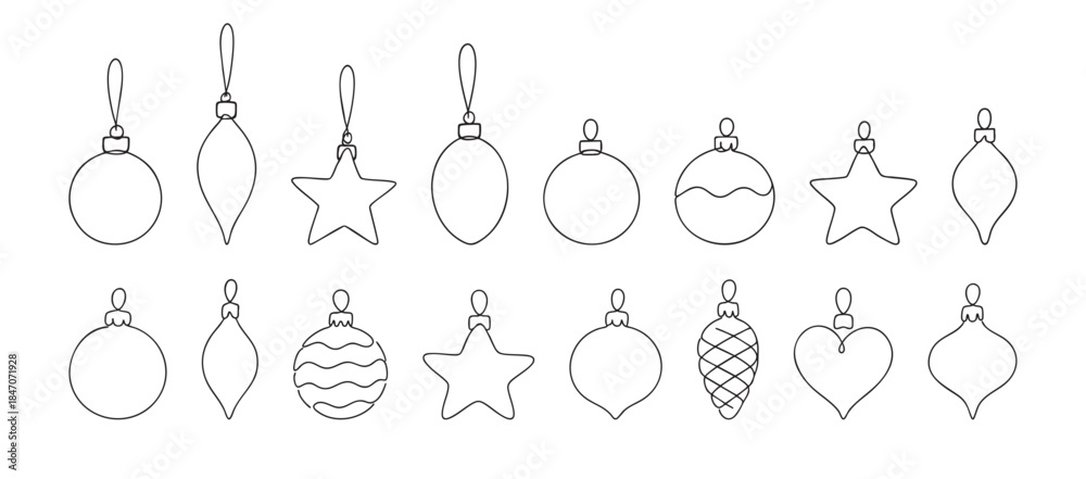 Obraz premium SET - Black outline of christmas ornaments on white background, decorative shapes. concept of holiday decor, festive decoration, seasonal icons, winter celebration, continuous one line drawing
