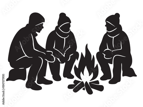 Black silhouette of three people wearing winter clothing sitting around a campfire, isolated on white background. concept of winter, campfire, warmth, silhouette, outdoor activity, icon