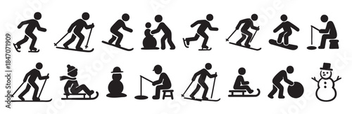 SET - Black silhouette of various winter activities including skiing, snowboarding, sledding, and snowman building, isolated on white background. concept of winter sports, fun, seasonal recreation