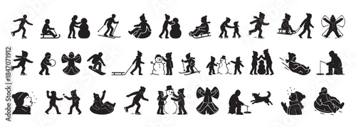 SET - Black silhouettes of winter activities featuring children and snowmen on white background. concept of seasonal play, cold weather fun, kids playing, winter sports, design element