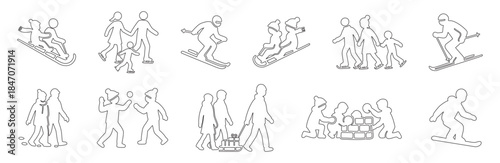 SET - Black outlines of winter activities featuring people sledding and skiing, isolated on white background. concept of winter sports, snow fun, family leisure, outdoor recreation, design element
