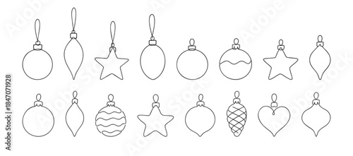 SET - Black outline of christmas ornaments on white background, decorative shapes. concept of holiday decor, festive decoration, seasonal icons, winter celebration, continuous one line drawing