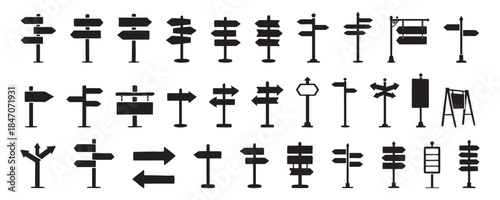 SET - Black silhouette of various signposts and direction signs, isolated on white background. concept of navigation, road signage, travel guide, icon, design element.