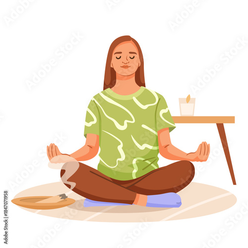 Calm woman practicing meditation in seated pose, flat style, on white background, concept of mindfulness and inner peace. Vector illustration
