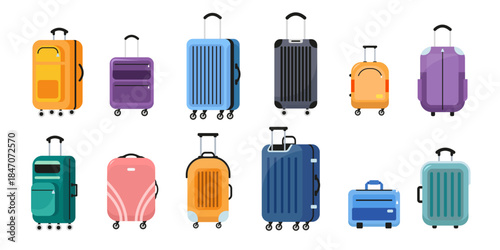 Various colorful luggage suitcase designs in flat style, arranged on white background. Concept of travel, vacation, packing. Vector illustration