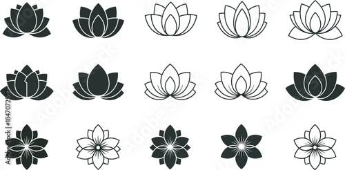 A set of 12 black and white lotus flower icons in various styles and line art designs