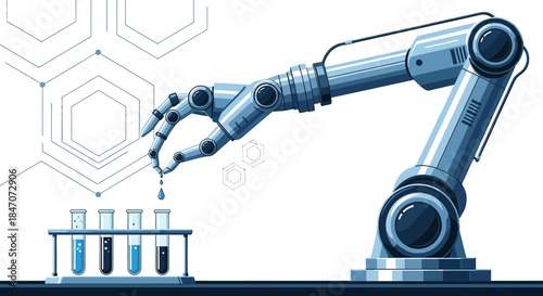 Automated robotic arm performing chemical analysis with test tubes precise laboratory work