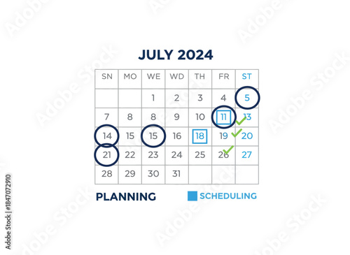 July 2024 Calendar with Marked Dates and Planning Labels.