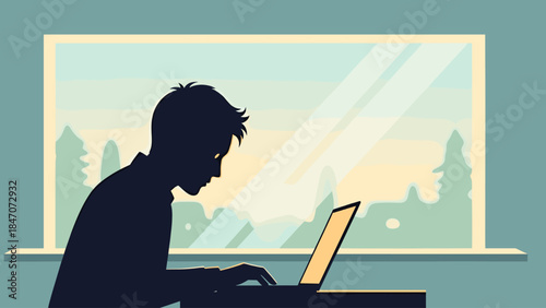 A silhouette of a person working on a laptop by a window with a view of trees.