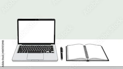 A laptop, pen, and open notebook on a white desk with a light green background, representing a clean and organized workspace for study or business.