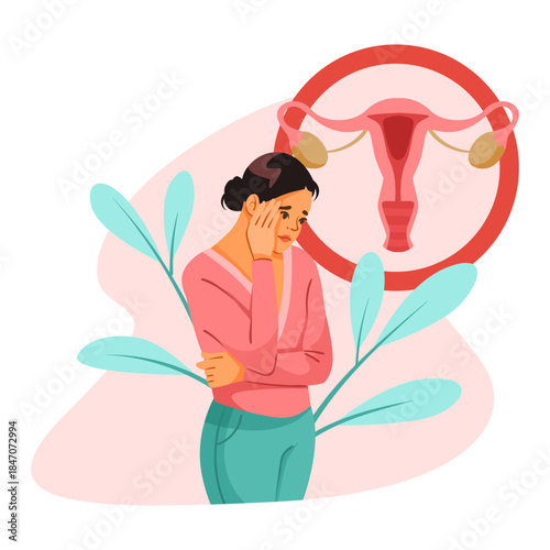 Woman holding head in pain representing reproductive health issues, flat design style, pink and white background, concept of gynecology. Vector illustration