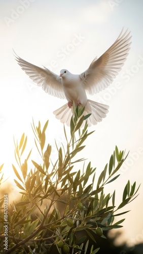 White dove flying over an olive tree branch with bright sunlight. Bird of peace and hope, religious symbol for Christianity and nature.