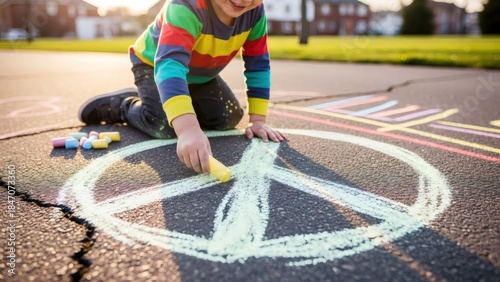 Fototapeta Naklejka Na Ścianę i Meble -  Kid drawing a peace sign on asphalt using colorful chalk. Childhood fun and play concept. Outdoor activity for children.